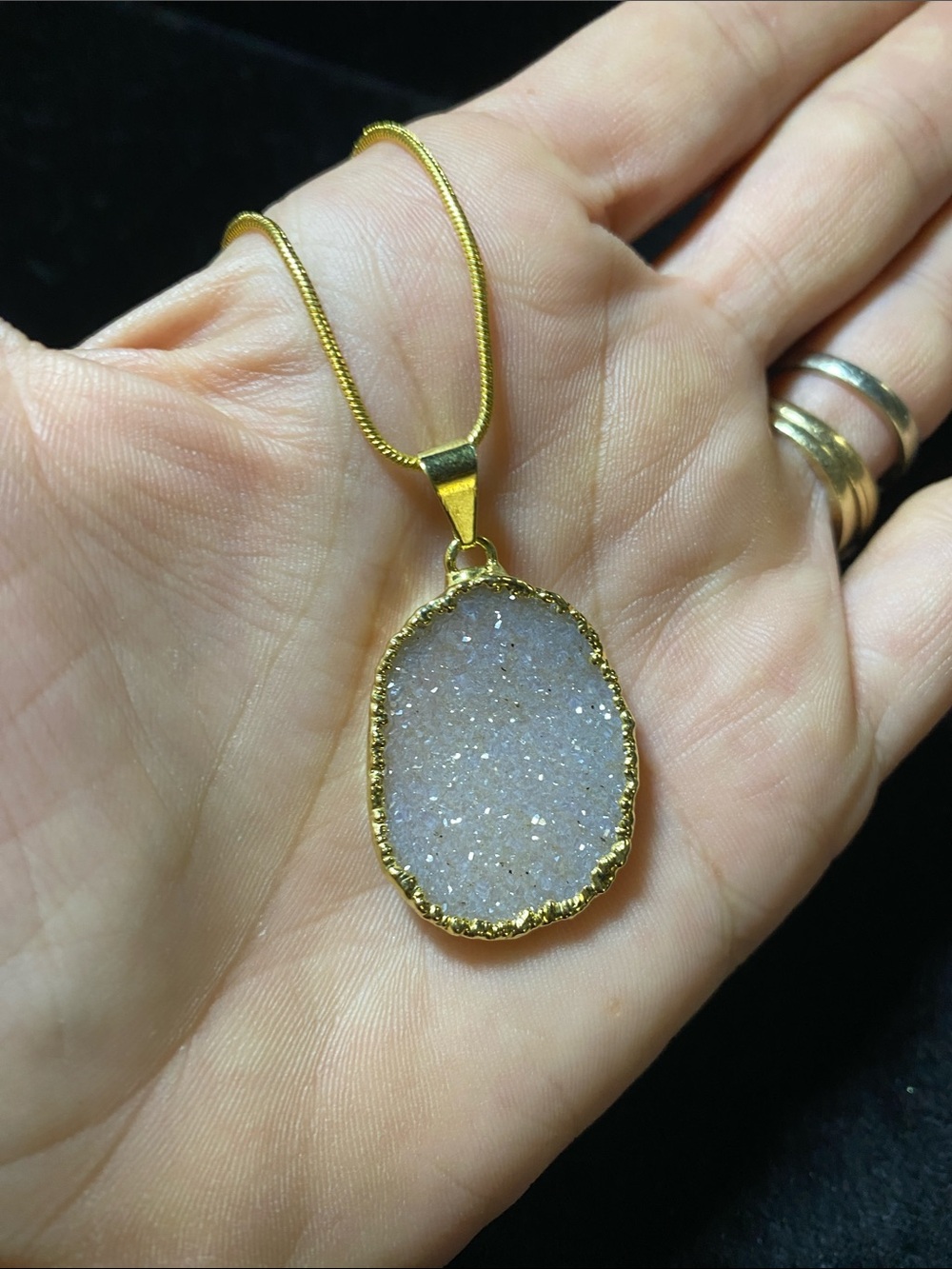 Gold-Trim Genuine Quartz White Druzy Pendant 18 K gold plate Necklace